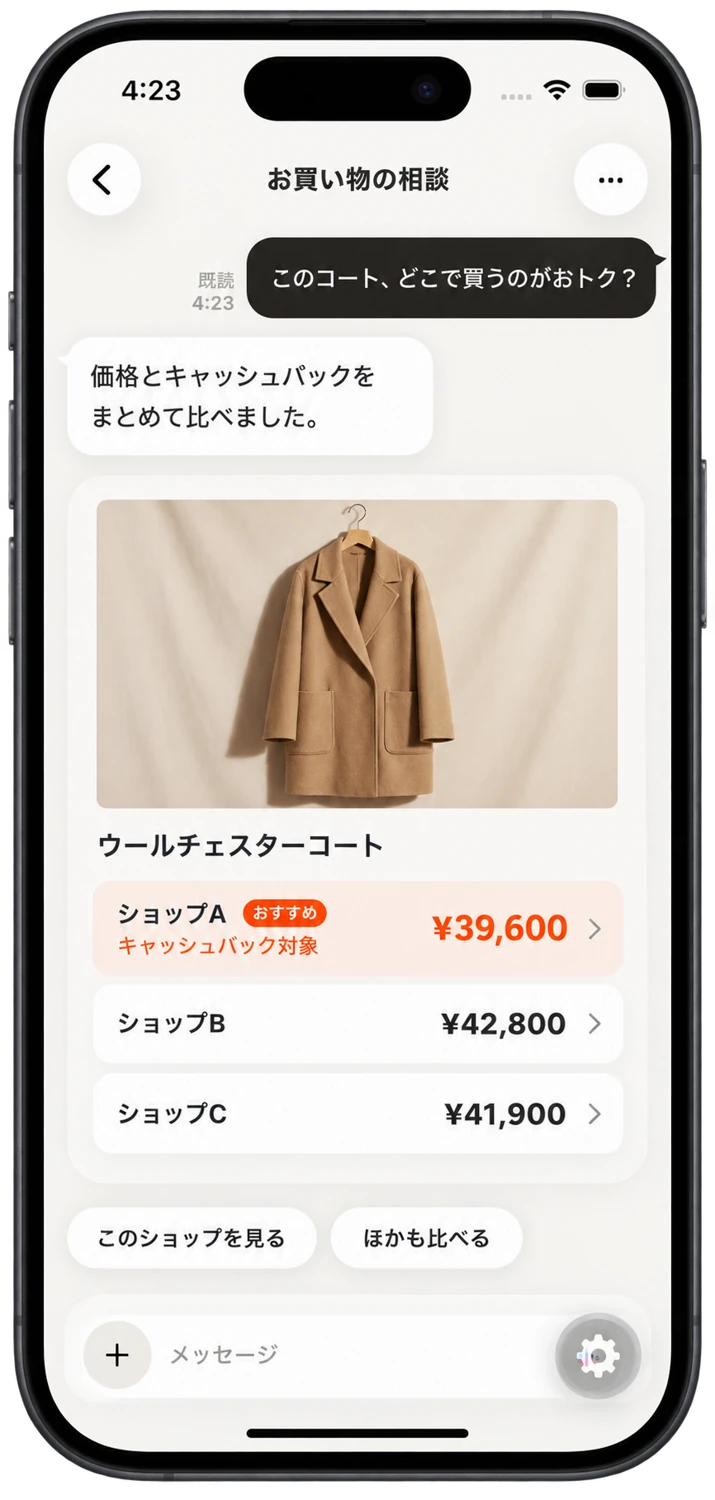 商品の価格とキャッシュバックをショップごとに比較する画面
